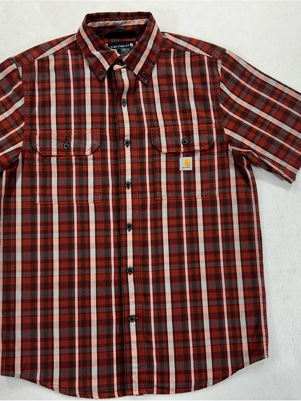 Carhartt Mens Small Red Plaid Loose Fit Short Sleeve Work Shirt TW4625-